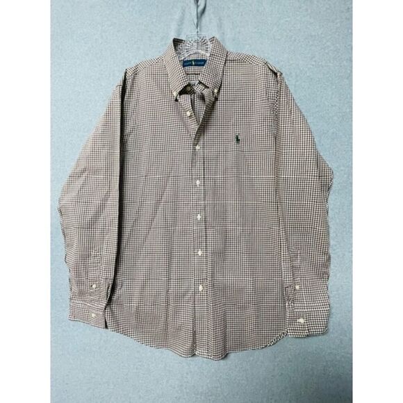Ralph Lauren Mens Button Down Shirt Large Gingham Check Brown White Long Sleeve - Picture 1 of 6